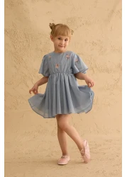 Fahhar Kids Flounced Embroidered Cotton Dress Light Blue