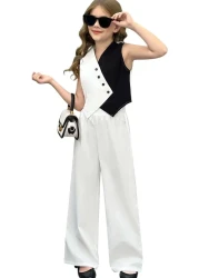 Riccotarz طقم سترة بالازو بنطال علوي غير متماثل اللون للفتيات