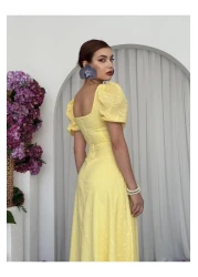 Julidress Yellow Embroidered Lined Balloon Sleeve Midi Length Premium Linen Dress
