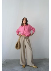 Hatun Atila بنطلون Palazzo صيفي مريح بخصر عالٍ وأربطة وأرجل واسعة - بيج