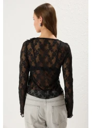  Collection Black Lace Fitted/Fitted Gather/Drape and Tie Detail Stretchy Knitted Blouse Twoss25Bz00270
