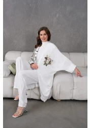 Miss Allos Women's Tulle Flower Embroidered Stone Detailed Kimono and Trouser Top Set