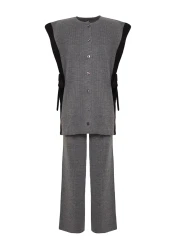  Modest Anthracite Color Blocked Slit Detailed Vest-Pants Knitwear Bottom-Top Set TCTAW24US00087