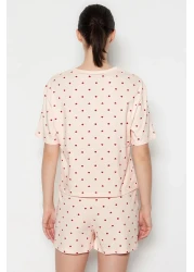  Collection Light Pink 100% Cotton Polka Dot and Heart Shorts Knitted Pajamas Set Thmss21Pt1485