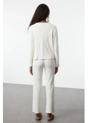  Collection Ecru Brushed Soft Corded Cardigan Knitted Pajama Set Thmaw25Pt00074