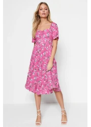  Collection Pink A-line Balloon Sleeve Floral Print Midi Woven Dress TWOSS20EL2323