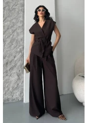 spirituel Women's Double Bottom Top Suit Lace-Up Loose Cut Flowy Summer Short Sleeve Kimono Jacket Palazzo Pants