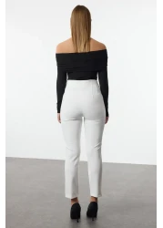  Collection White Cigarette Mold Collet High Waist Ankle Length Woven Fabric Pants Twoss20Pl0515