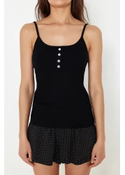  Collection Black 100% Cotton Polka Dot Button Detail Rope Strap Shorts Knitted Pajamas Set Thmss24Pt00335