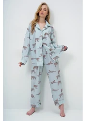 Trend Alaçatı Stili Mint Green Piping Detailed Digital Printed Satin Long Shirt and Pants Pajama Set Pjm-X13913