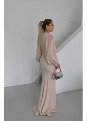 1Moda1Tarz فستان نسائي مستورد من قماش الكريب بأكمام وصدر شيفون مطرز بالأحجار بتصميم خاص