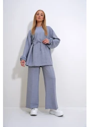 Trend Alaçatı Stili طقم بنطلون نسائي باللون الرمادي من Palazzo Tunic برقبة دائرية - ALC-X12299