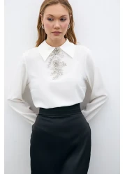 Sateen Ecru Blouse with Stone Accessories