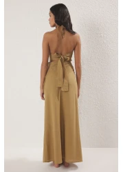  Collection Khaki Woven Halter Neck Back Detail Beach Blouse Skirt Suit Tbess25Au00089