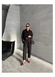 Laluvia Black Marlin Belted Shirt Trousers Set - 8453