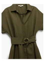 Koton فستان قميص كبير الحجم بأكمام قصيرة ومخلوط من الكتان والفيسكوز