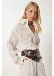 Happiness İstanbul قميص نسائي منسوج برباط كريمي DP00234