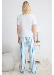  Collection White-Blue Striped Printed Baby Overlock Detailed Viscose Knitted Pajamas Set Thmss25Pt00141