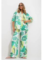 Trend Alaçatı Stili Women's Green Patterned Shirt and Trousers Top and Bottom Woven Set Alc-X11747