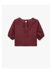 Koton X Melis Ağazat - Cotton Lined Embroidered Scalloped Short Sleeve Crew Neck Blouse