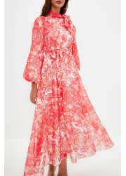  Modest Red Floral Patterned Lined Long Chiffon Evening Dress TCTSS24EB00040