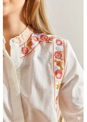 Bianco Lucci قميص كتان نسائي مطرز بياقة القاضي60171050