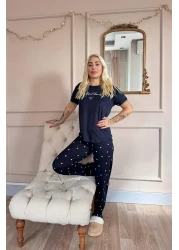 Pijamaevi Navy Blue Grateful Heart Patterned Bamboo Short Sleeve Women's Pajama Set