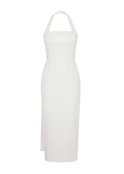  Collection White Lined Body Fitting Midi Woven Dress with Slit Detail Tprss24El00136
