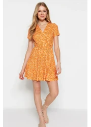  Collection Orange Printed Double Breasted Neck Mini Stretchy Knitted Dress TWOSS21EL0241