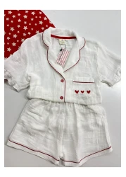 Serbella Red Love White Organic Muslin Shorts Pajama Set Cotton Anti-Sweat