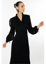 Moda İlgi فستان أسود طويل بتفاصيل مطوي وخرز