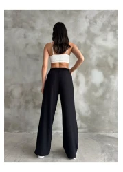 Giyimsel بنطلون بالازو بخصر مطاطي أسود للسيدات
