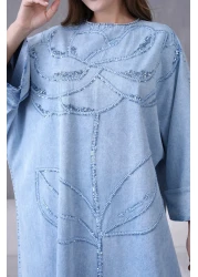 Miss Allos Women's Sequin Embroidered Wide Fit Long Denim Dress