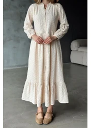 Olcay فستان غيبور بطول متوسط ​​مع أزرار بيج 9351-E