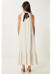 Lovelyİstanbul فستان كتان صيفي بحزام متباين كريمي LFG0007