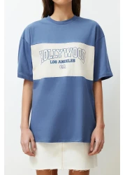  Collection Indigo 100% Cotton Color Blocked City Printed Oversize/Wide Cut Knitted T-Shirt TWOSS24TS00079