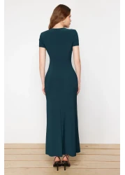  Collection Emerald Green Short Sleeve Fitted Crew Neck Flexible Knitted Maxi Pencil Dress TWOSS24EL00097