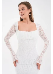 bayansepeti قماش دانتيل مبطن باللون الأبيض، تصميم رقبة مربعة، تصميم بأكمام طويلة من الدانتيل، فستان متوسط الطول 209