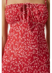 Happiness İstanbul فستان نسائي صيفي محبوك باللونين الأحمر والأبيض مزين بالزهور CI00029