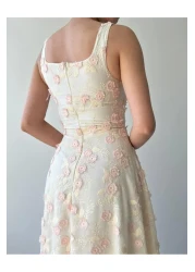 Julidress فستان كتان بتصميم مميز مع تطريز وحزام بنمط زهرة وردية ثلاثية الأبعاد