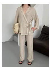 Laluvia طقم كيمونو من قماش الكتان مع تفاصيل حجرية جانبية - 8373