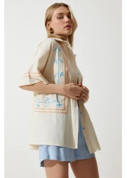 Happiness İstanbul قميص نسائي من الكتان المطرز باللون الكريمي RG00039