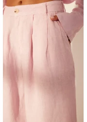  Collection بنطلون وردي 100% كتان عالي الخصر TWOSS24JE00243