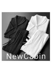 NewCabin طقم تي شيرت وبدلة رياضية صيفية للجنسين - الموسم الجديد، قماش مجعد، ليكرا، كم قصير