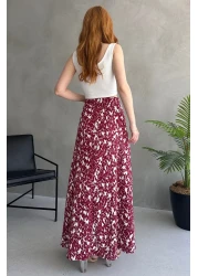 EYLANA تنورة طويلة منقوشة باللون الأبيض العنابي