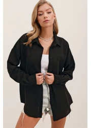 Bigdart 20153 قميص كتان كبير الحجم بجيب واحد - أسود