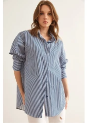 Olalook قميص بوبلين نسائي مخطط باللون الأزرق الداكن بفتحة مخفية GML- 19000867