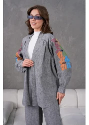 Miss Allos Women's Back and Sleeves Sequin Sequin Embroidered Linen Kimono Coat and Pants Bottom Top Suit