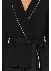  Collection Double Breasted Cut Viscose Black Pajamas Set - Belted and Piping Detail Thmaw22pt1109