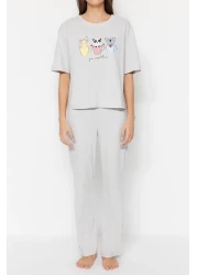  Collection Light Gray Printed T-Shirt and Trousers Knitted Pajamas Set 100% Cotton - Thmss23Pt00134